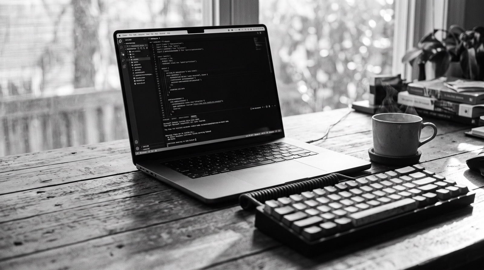 A laptop showing a code editor on a wooden desk beside a coffee cup and a keyboard